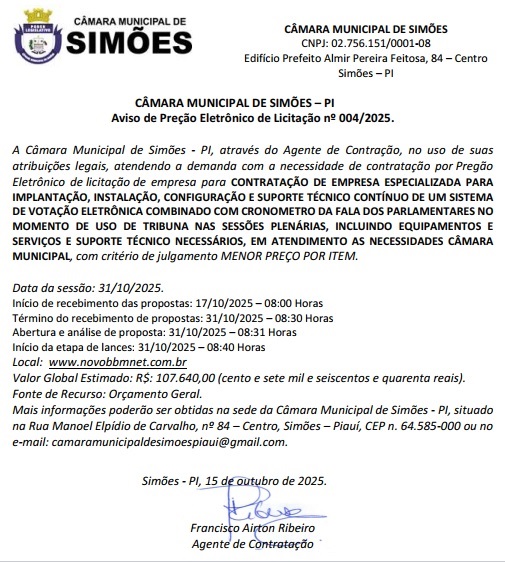 Aviso de Pregão Eletrônico 004/2025