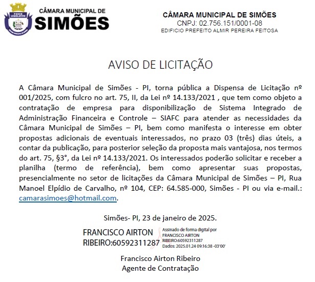 Aviso de  Dispensa de Licitação 001-2025