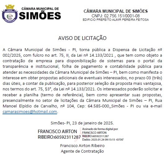 Aviso de Dispensa de Licitação 002-2025