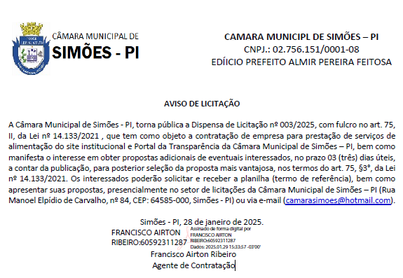 Aviso de Dispensa de Licitação 003-2025