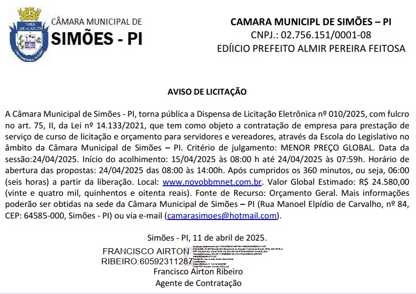 Aviso de Dispensa de Licitação 010-2025