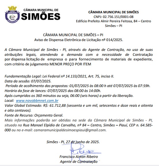 Aviso de Dispensa de Licitação 014/2025