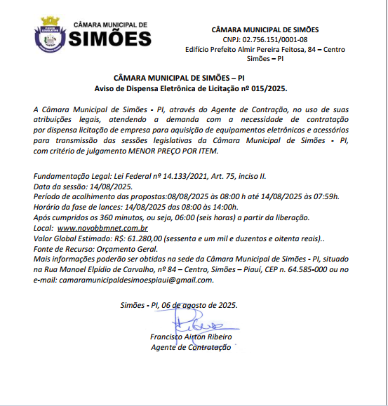 Aviso de Dispensa Eletrônica 015/2025