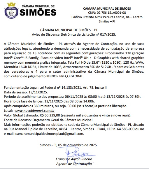 Aviso de Dispensa Eletrônica 017/2025
