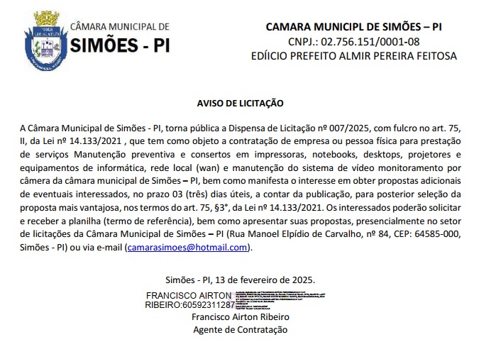 Aviso de Licitação - Dispensa 007/2025