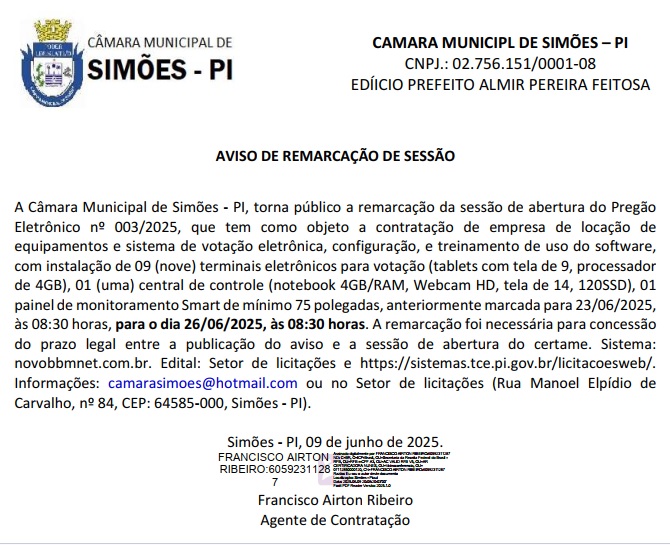 Aviso remarcação de data do Pregão Eletrônico 003-2025