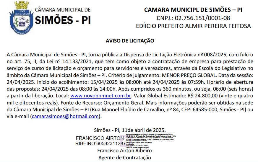 Aviso de Dispensa de Licitação 008-2025