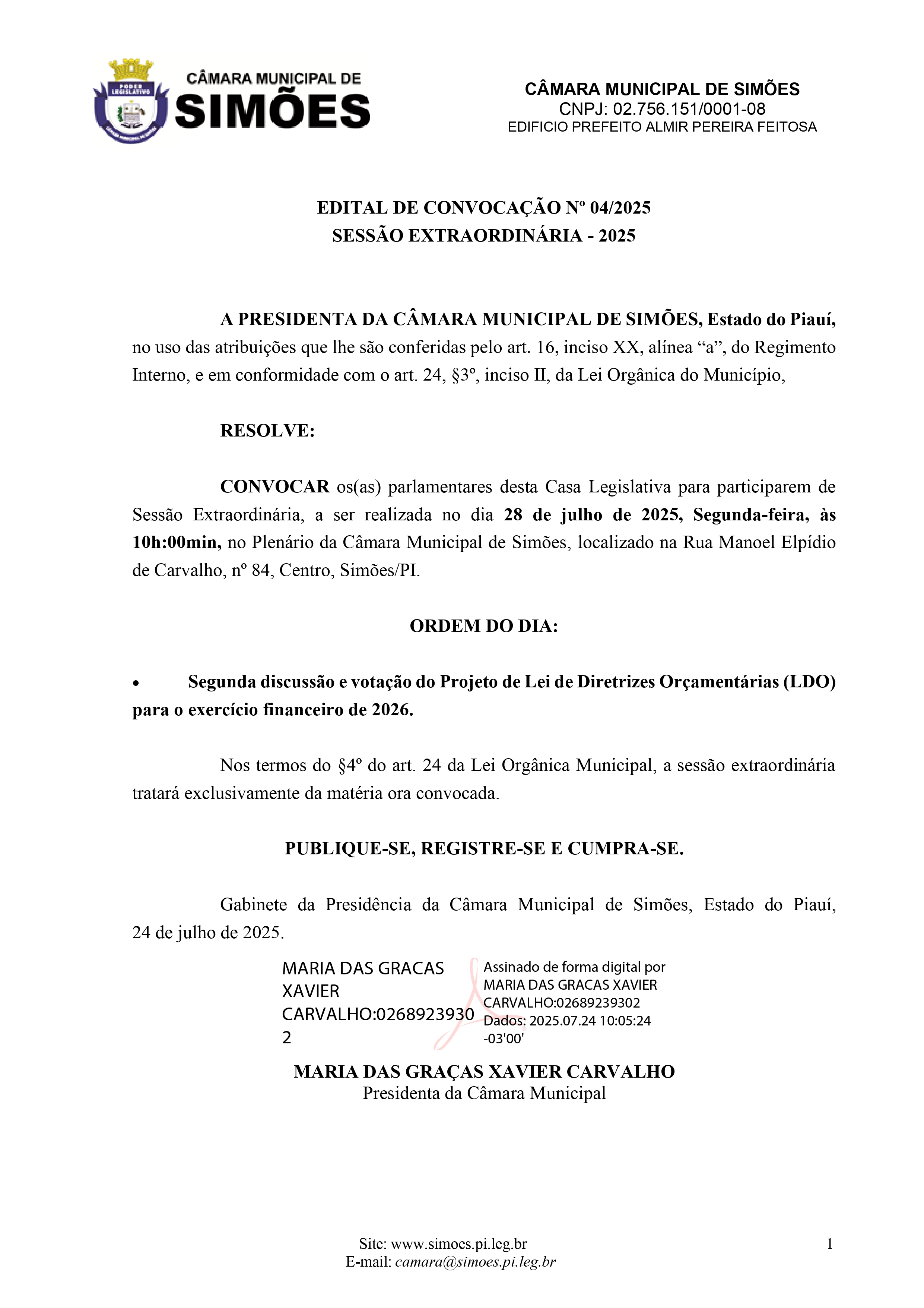 EDITAL DE CONVOCAÇÃO Nº 004/2025