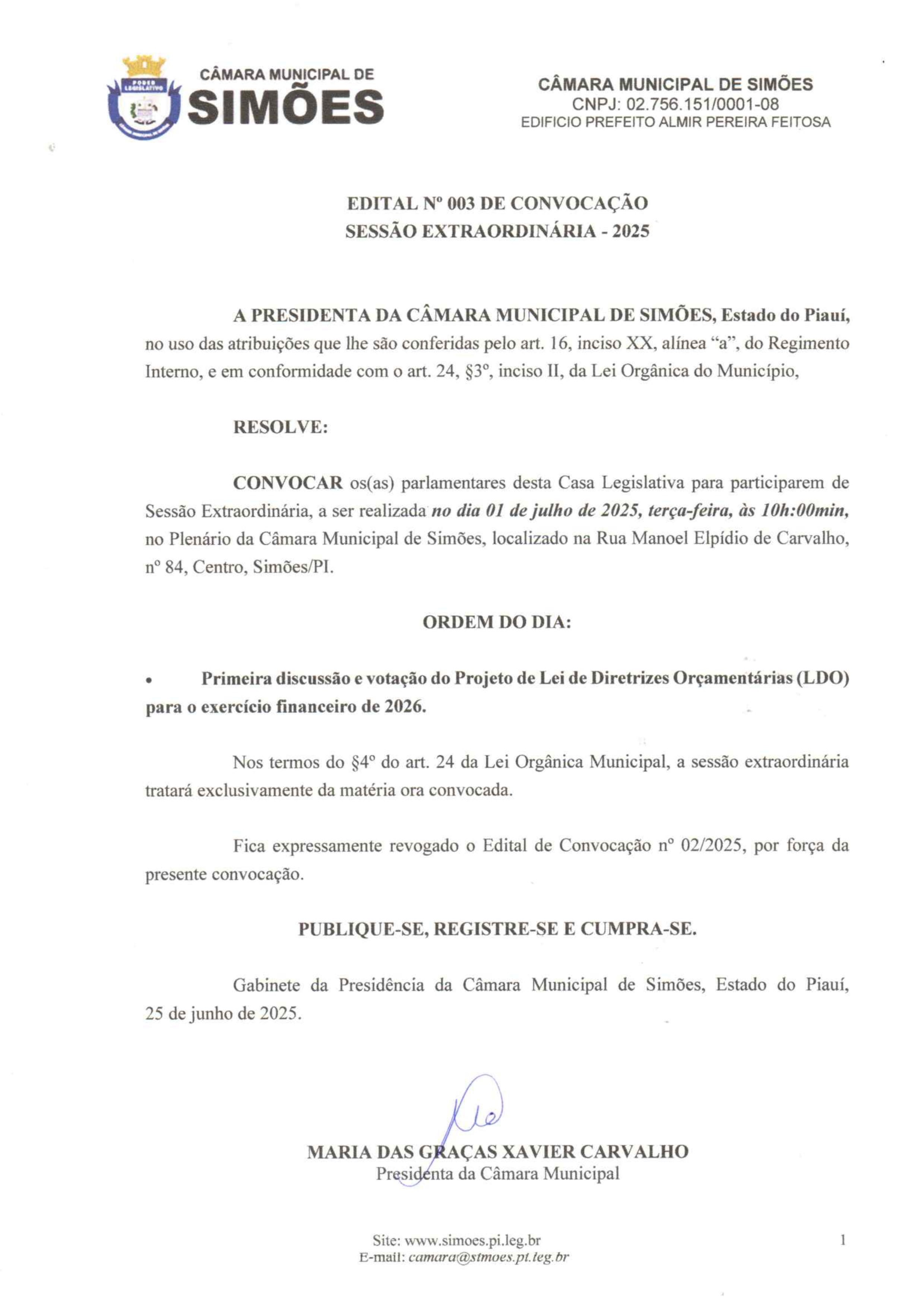 EDITAL Nº 003 DE CONVOCAÇÃO