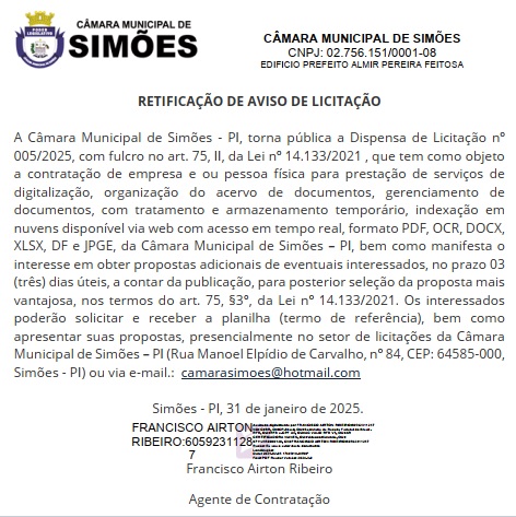 Retificação de Aviso de Dispensa 005-2025
